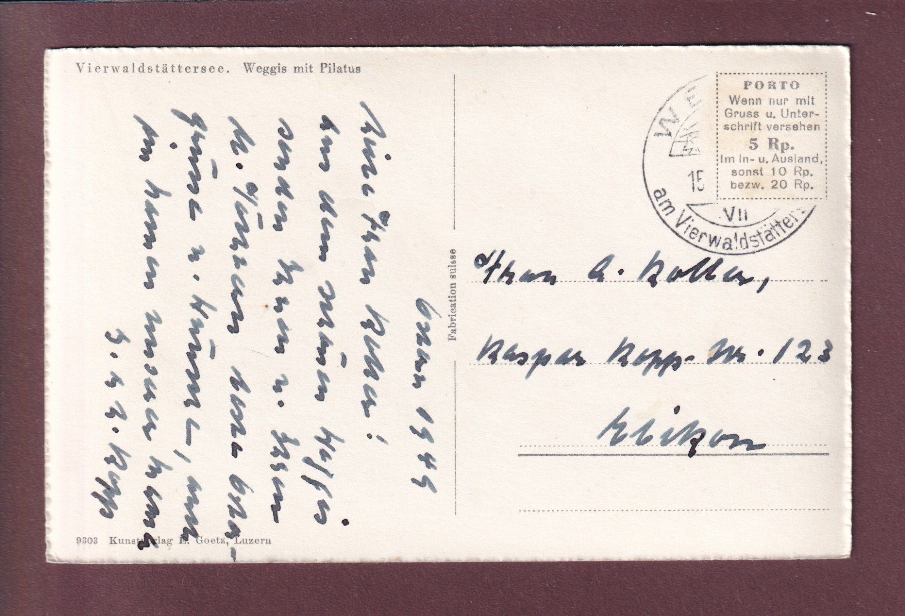 Cartoline postali: WEGGIS und Pilatus - 1949 – Usato da Pully venduto da nicecards 1