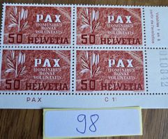 Briefmarken Schweiz Pax 50 Rappen Viererblock postfrisch