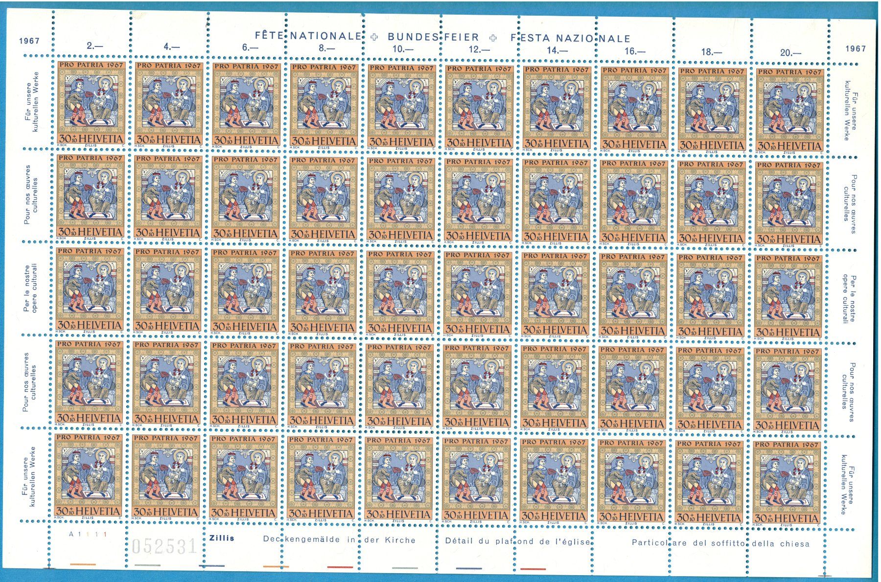 Alle Briefmarken: Bogen  1967  Pro Patria    Zillis Deckengemälde   postfrisch – Neu (gemäss Beschreibung) aus Mellingen von Ginger