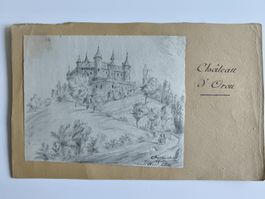 dessin ancien sur papier collé sur un carton Château d'Oron