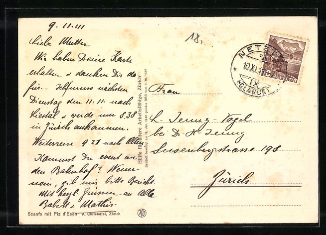 Cartoline postali: Scanfs, Teilansicht mit Piz d'Esan, 1931 – Usato da Berlin venduto da bartko-reher 1