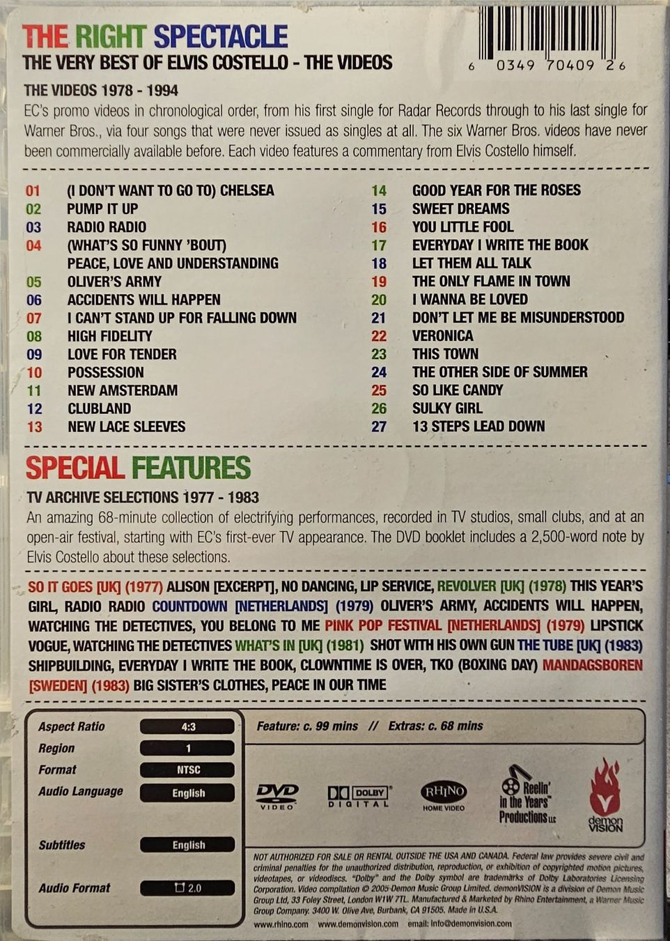 Tous les DVDs: Elvis Costello - The right spectacle – D'occasion à Wahlen b. Laufen par Cg10 1