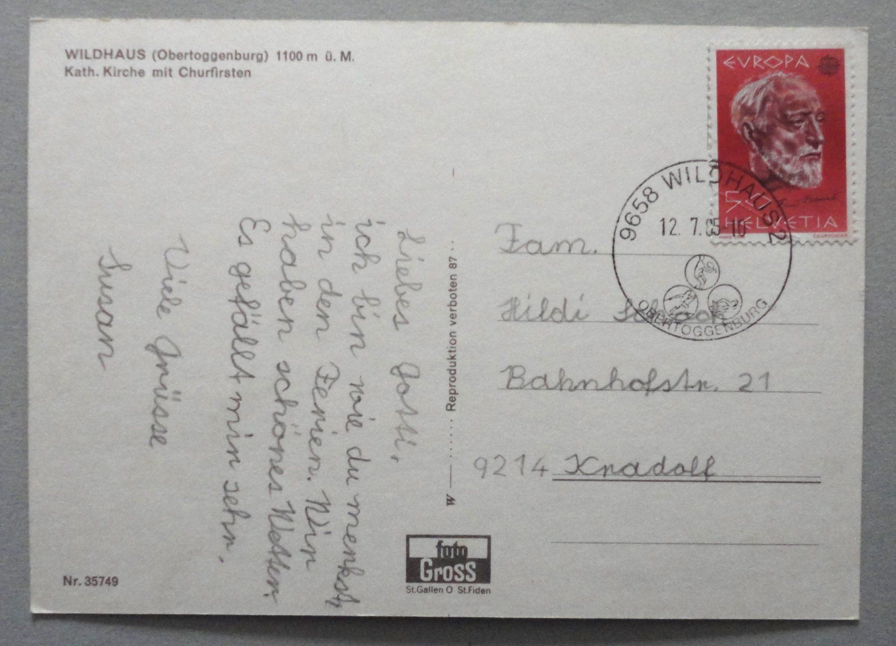 Cartoline postali: Wildhaus, Kath. Kirche mit Churfirsten – Usato da Fétigny venduto da Billy2miny 1