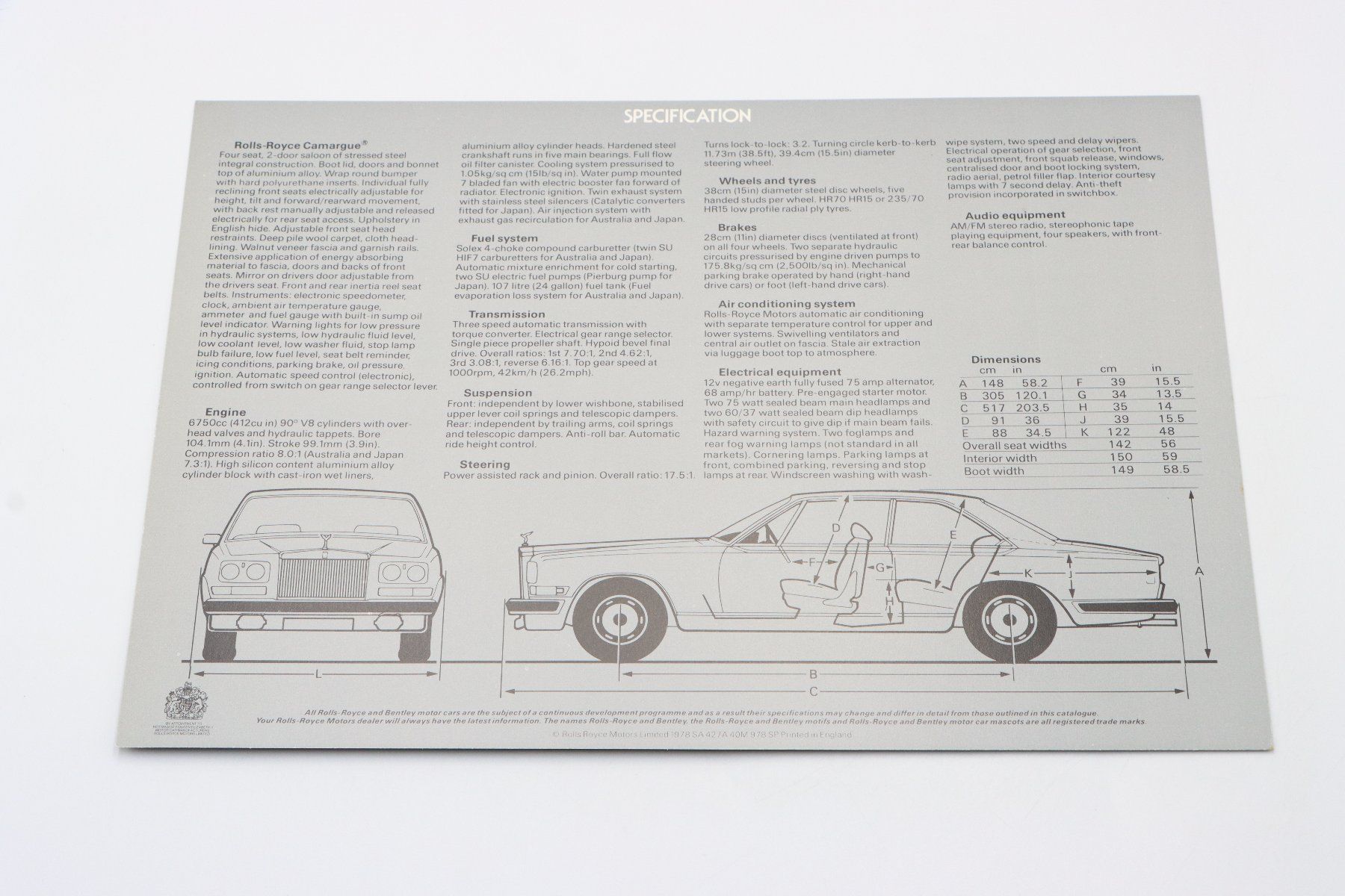 Rolls-Royce Documents: Rolls Royce Camargue 1978 Prospektblatt – D'occasion à Bühl b.Aarberg par Collectorpassions 3