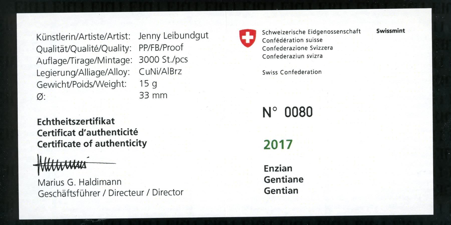 Tutti le monete: CHF__10.00 2017 Enzian PP #0676 10 Franken – Nuovo e nell'imballaggio originale da Widnau venduto da Elf11 2