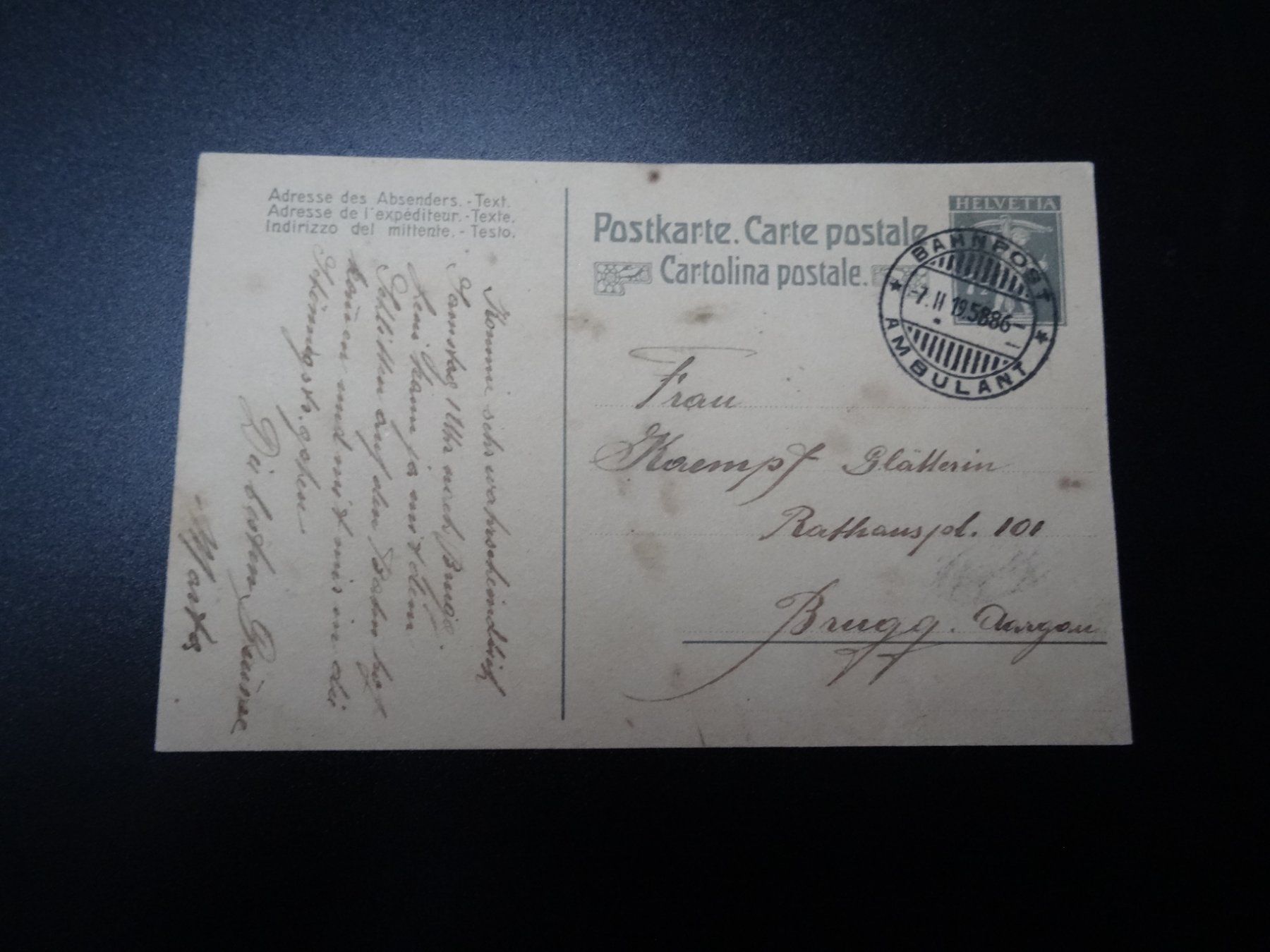 Tutti i francobolli: alte schweizer Postkarte abgest. 7.11.1958 Bahnpost ambulant – Usato da Lupfig venduto da JUTA09