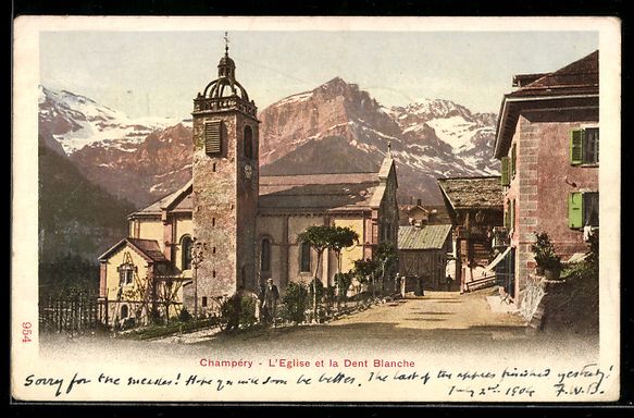 Cartoline postali: Champéry, L'Eglise et la Dent Blanche – Usato da Berlin venduto da bartko-reher