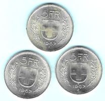 1967 Lot 3x 5 Franken Silber, unz.-stgl (15901)