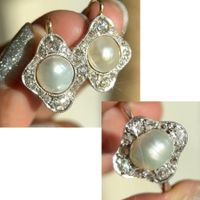 Rar Antik Belle Époque Perle Diamant Set Ohrringe & Ring