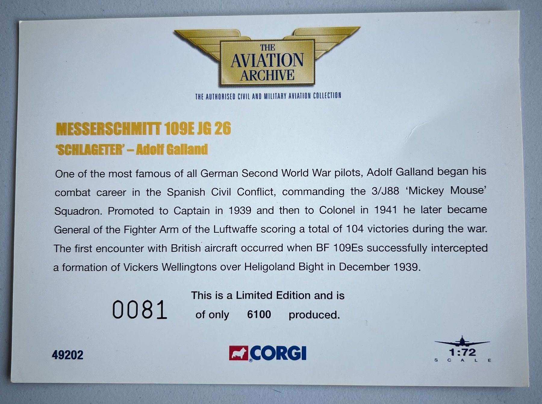 Corgi Toys Kit di modellismo & Modellini statici: Corgi 49202 Messerschmitt 109E JG26 "Schlageter" – Nuovo e nell'imballaggio originale da Laufen venduto da ric_9vmm 3
