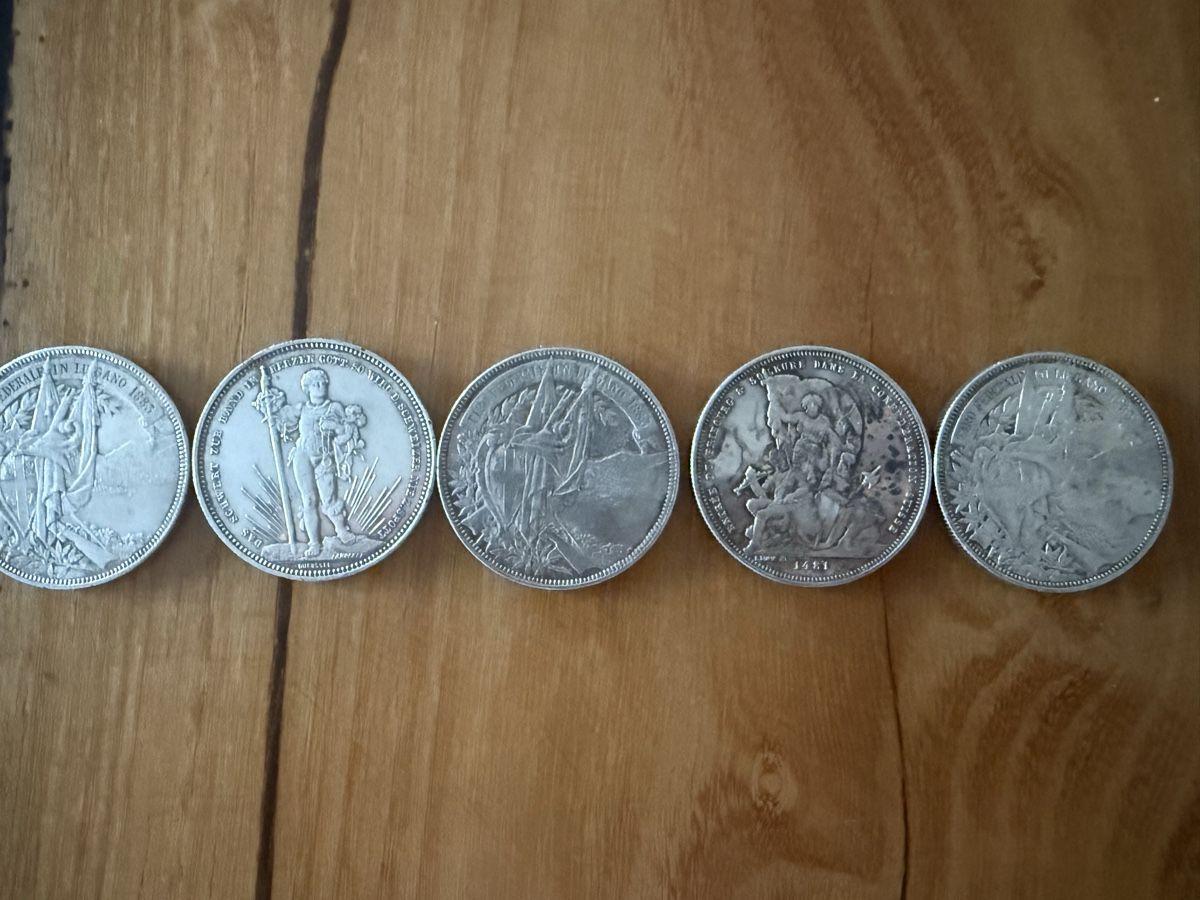 Alle Münzen: 5x 5Fr Schiessmünzen – Gebraucht aus Dompierre FR von JL1976