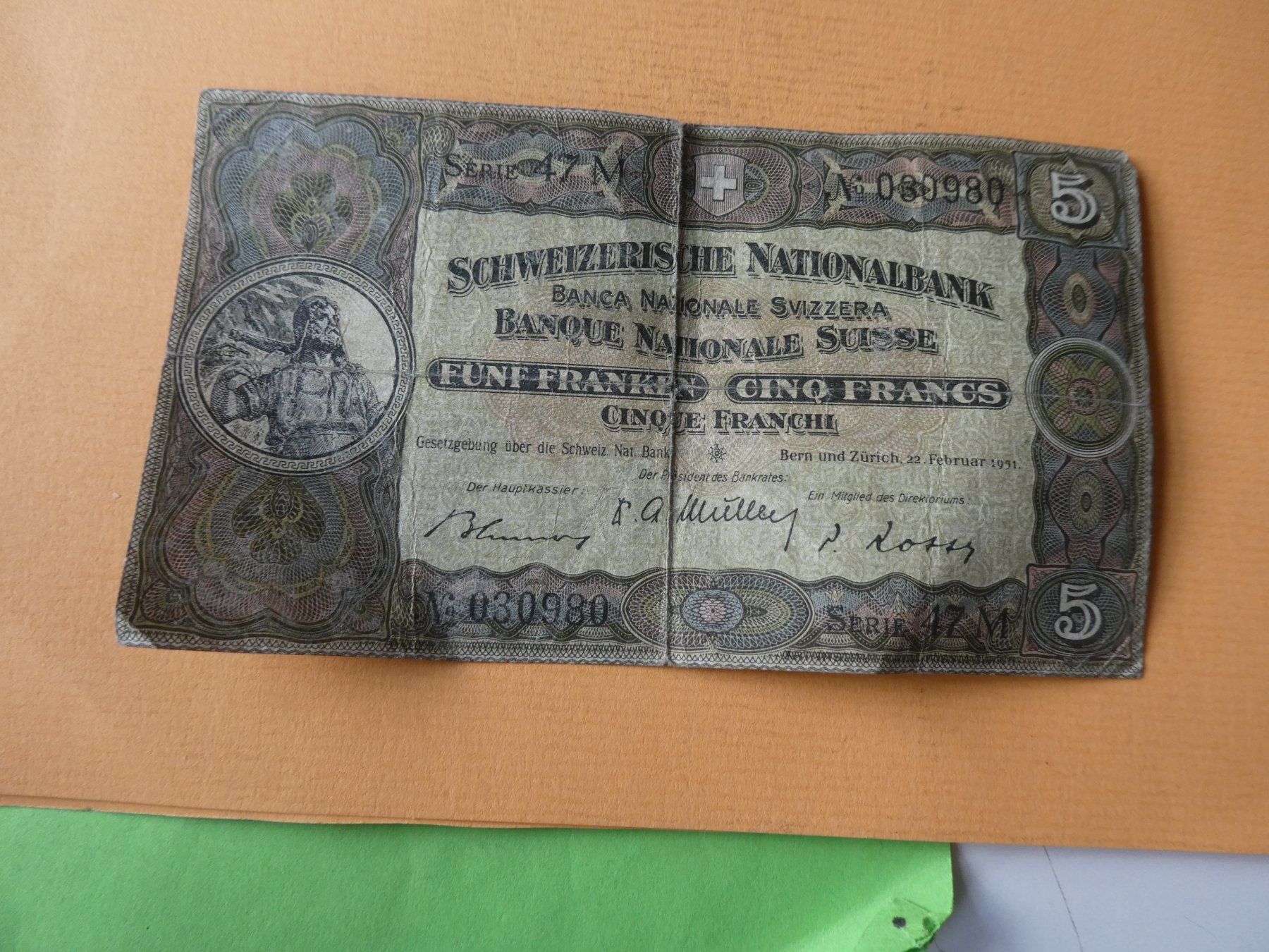 Banknoten: Schweiz 1951, 5 Franken – Gebraucht aus Hinterforst von Rohusri