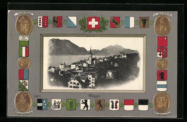 Cartoline postali: Weggis, Ortsansicht mit Wappen, Telldenk – Usato da Berlin venduto da bartko-reher