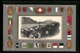 Weggis, Ortsansicht mit Wappen, Telldenk