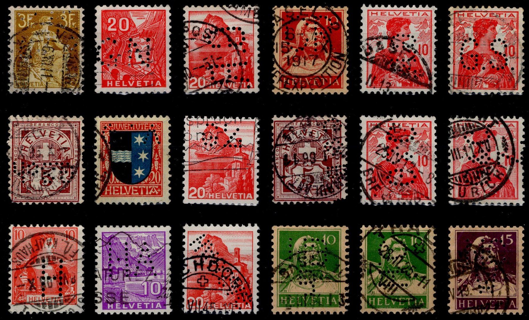 Tutti i francobolli: 18 verschiedene PERFINS aus der Schweiz – Usato da Eglisau venduto da Chperfins 1