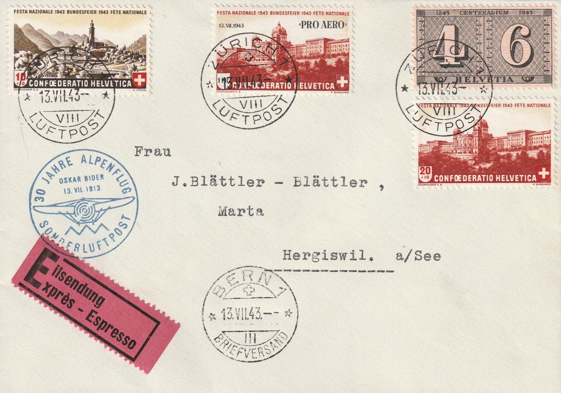 Tutti i francobolli: Flugpost Brief-Zürich-Bern 1943 Eilsendung – Usato da uttwil venduto da Koehlerfred