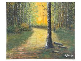 R. Golay - huile sur toile "Lever de soleil dans la forêt"