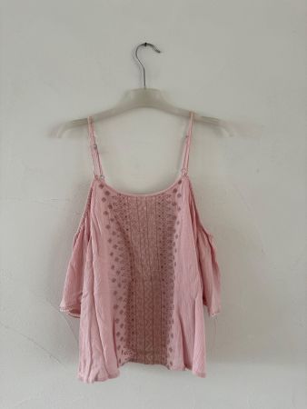 Rosa Sommer Bluse mit Spitze, schulterfrei, Gr. S, Bethany M