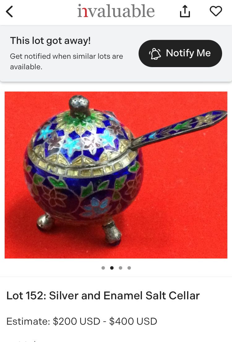 Set di piatti: Pair antique silver enamel salt cellars + spoons - India? – Usato da Genève venduto da PepitesdAlor 9