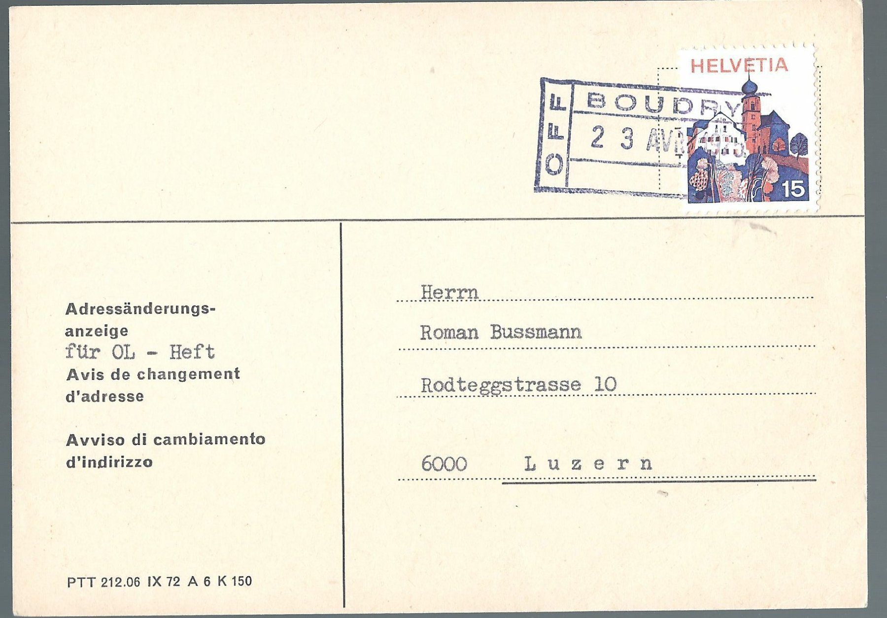 Tutti i francobolli: Timbre sur carte, oblitération CFF SBB Boudry 23.04.1975 – Usato da Montenol venduto da Vernier2