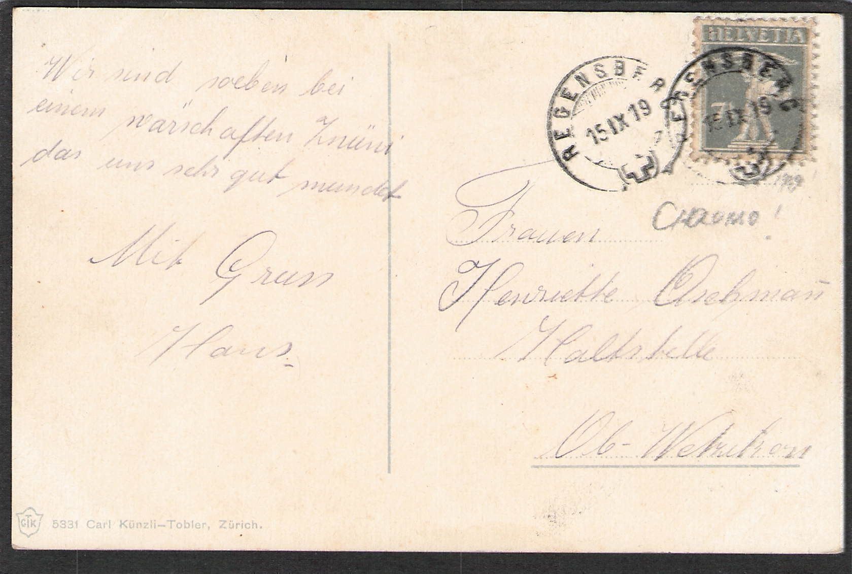 Ansichtskarten: AK, ZH , Regensberg,Hotel Krone , 1919 – Gebraucht aus Reichenburg von Pipo-67 1