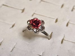 Bague Argentée Fleur Rose Strass Ajustable