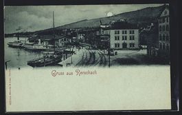 Mondschein-AK Rorschach, Dampfer am Hafe