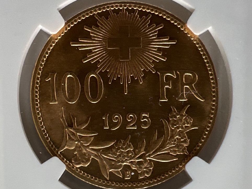 Tutti le monete: 1925B Vreneli, 100Fr, G100F, MS62, stgl – Usato da Erlach venduto da gubbe1 3