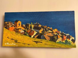 Tableau original village St-Saphorin 24x12 cm