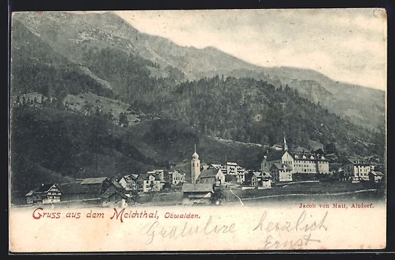Cartoline postali: Obwalden-Melchthal, Teilansicht mit Kirc – Usato da Berlin venduto da bartko-reher