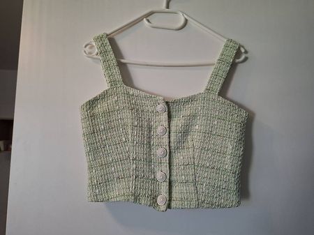 Hallhuber Tweed Crop Top  Mintgrün / Silber - Grösse 36
