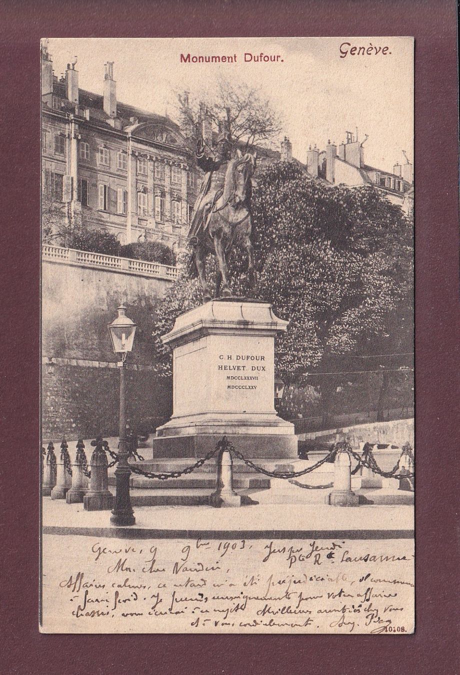 Cartoline postali: GENEVE - Monument Dufour - 1903 – Usato da Pully venduto da nicecards