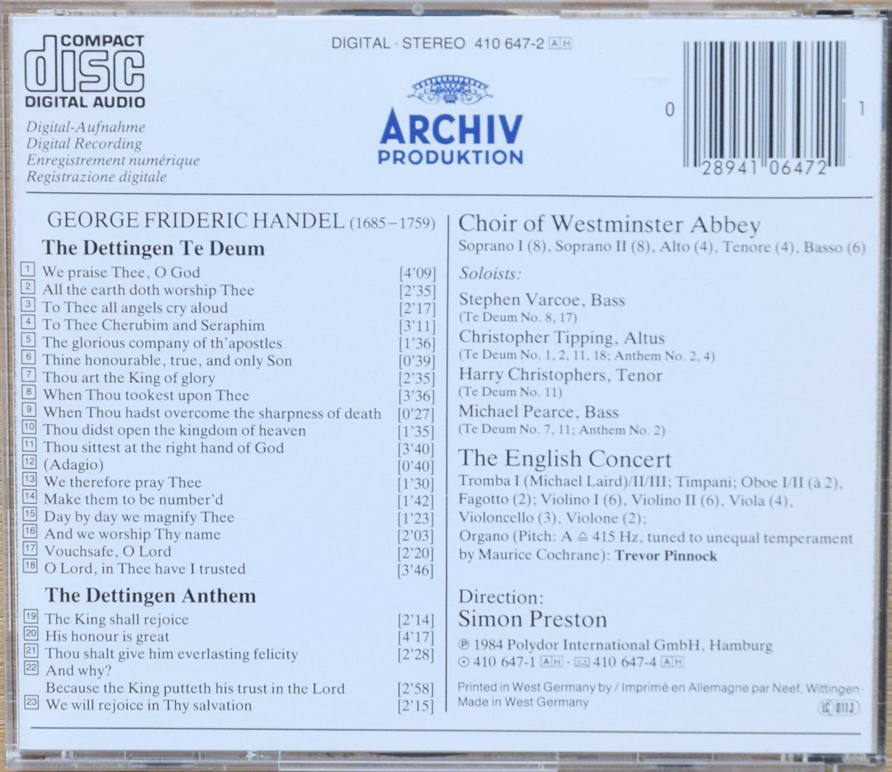 CD: Händel: Dettingen Te Deum - Simon Preston - CD – Usato da Niederhelfenschwil venduto da Rol9527 1