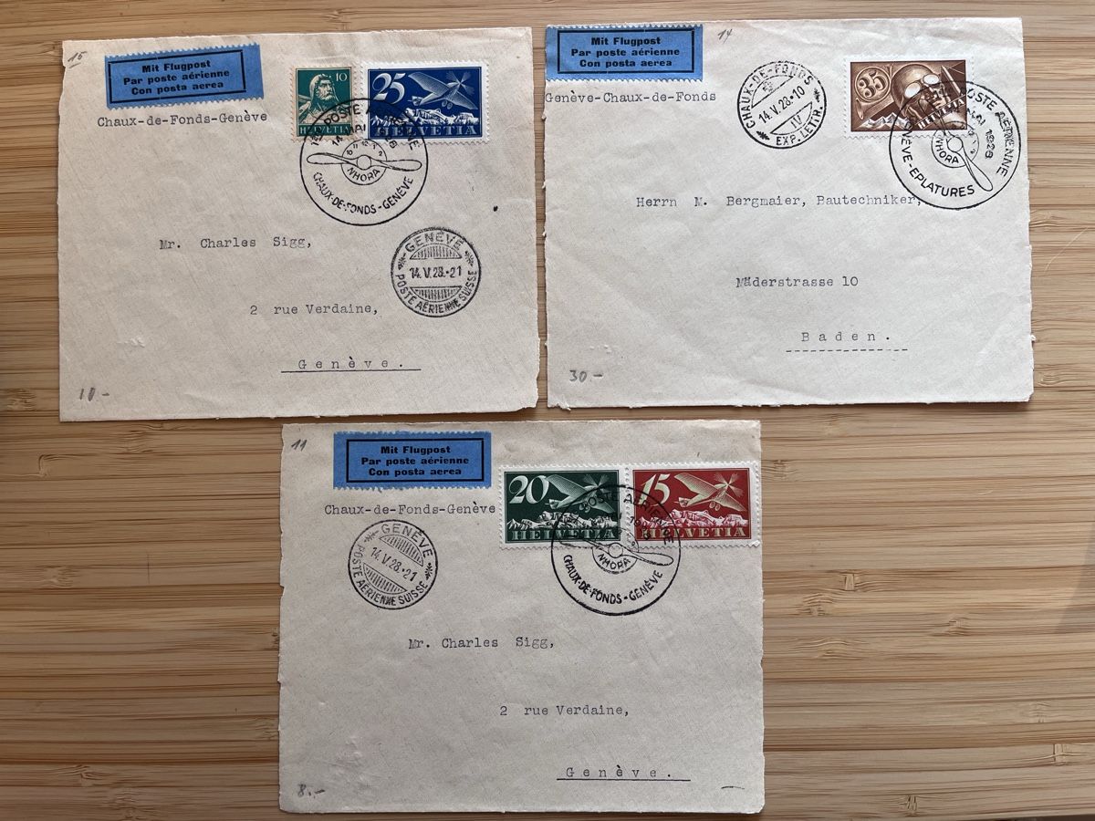 Tutti i francobolli: 1928 3x Devants de Lettres Flugpost  – Usato da Sottens venduto da thigroux