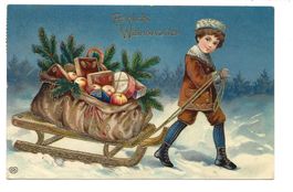 Fröhliche Weihnachten - Knabe - Schlitten - Präge-Litho  909