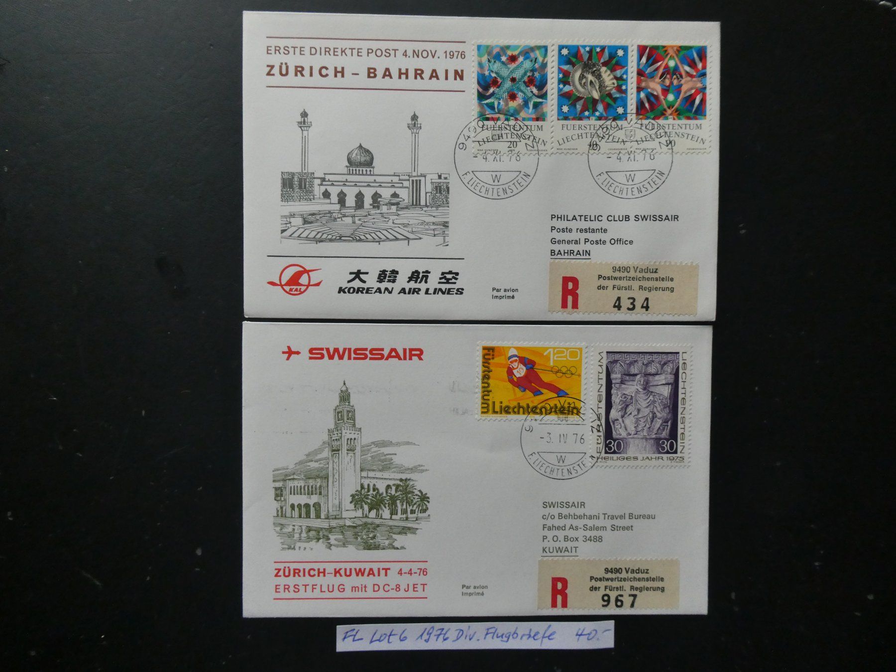Tutti i francobolli: FL Lot 6 1976 Diverse Flugbriefe – Usato da Lausen venduto da Herbamare01 1