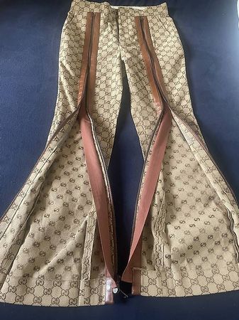 GUCCI  Canvas Print Pants Zipper Leather Trim Michele Runway
