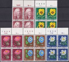 1958, J173-J177 Viererblöcke mit ET-Stempel +Rand, Kat: 50.-
