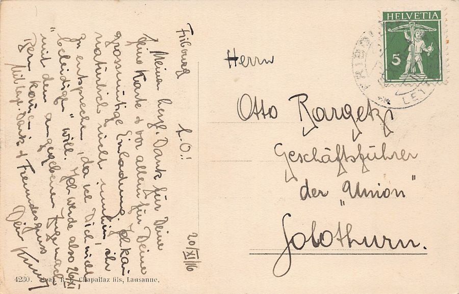 Cartoline postali: Fribourg, vue générale, circulée 1916 – Usato da Frauenfeld venduto da POML 1