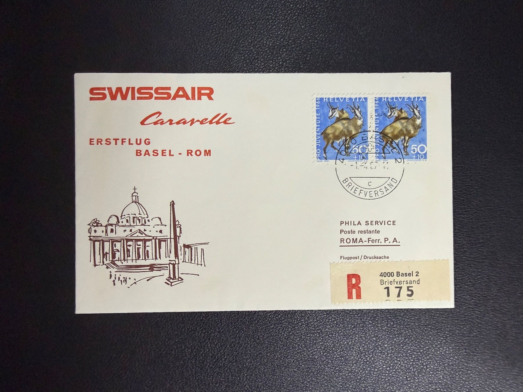 Tutti i francobolli: Swissair Erstflugbrief Basel - Rom 1967 – Usato da oberrüti venduto da jeanmei