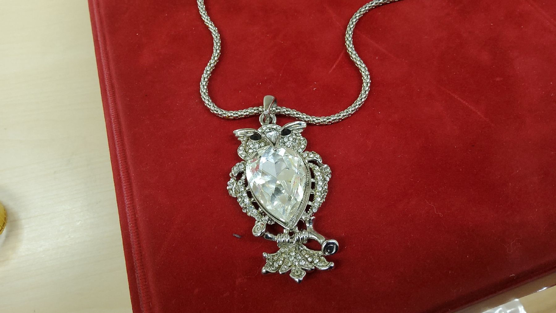 Catenine: Silberfarbene Eule Halskette mit grossem Strass Stein. – Usato da Herisau venduto da Nluanalucas 1