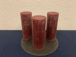 Kerzen 3er Set, je 7x18 cm und je 600g, antikrot Raureif