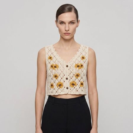 Gilet crochet tournesols femme beige taille M neuf