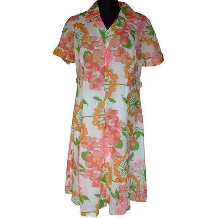 Kleid Gr. XL Batist rosa geblumt VINTAGE 1970s