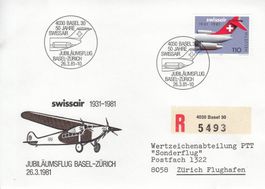1931-198150 Jahre Swissair Jubiläumsflug Basel-Zürich chargé