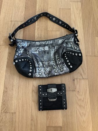 Just Cavalli Tasche & Portemonnaie Set Nieten Leder Schwarz 