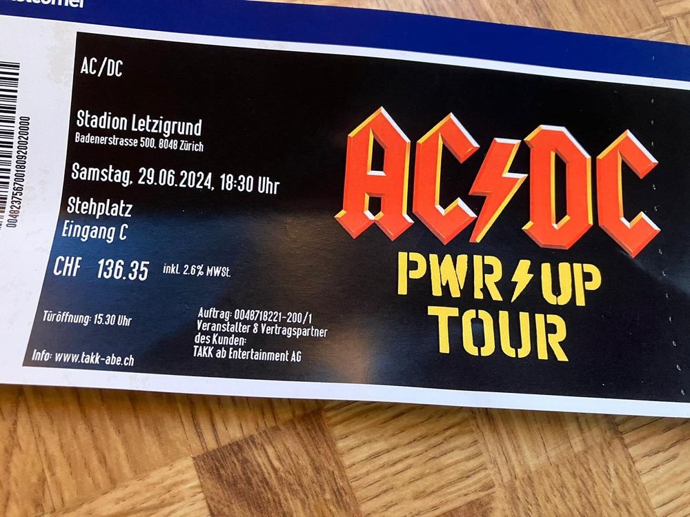AC DC Zürich 1 Ticket (Gebraucht) in für CHF 225 – mit Lieferung auf ...