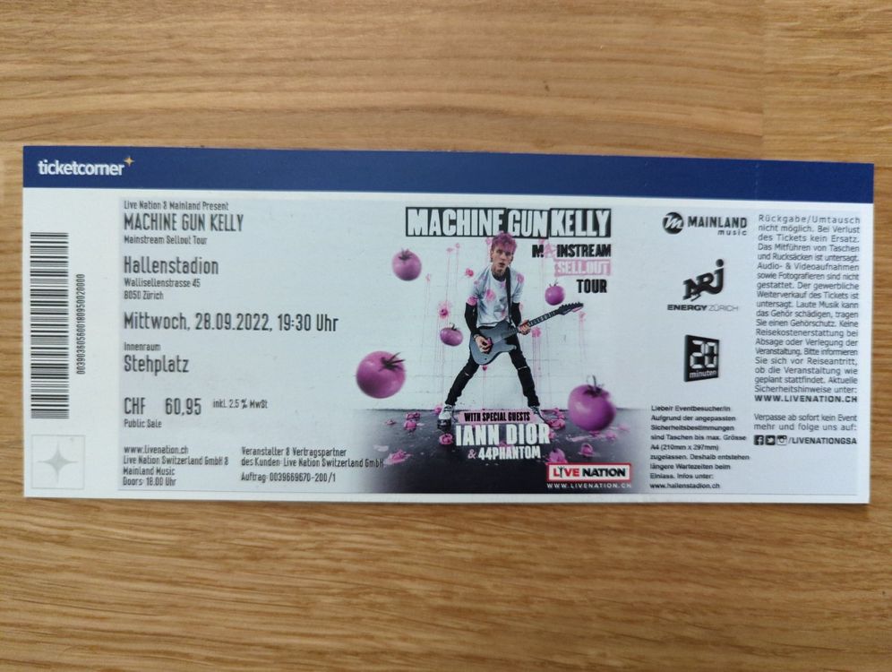 Machine Gun Kelly MGK Ticket Stehplatz Hallenstadion 28.09 Kaufen auf