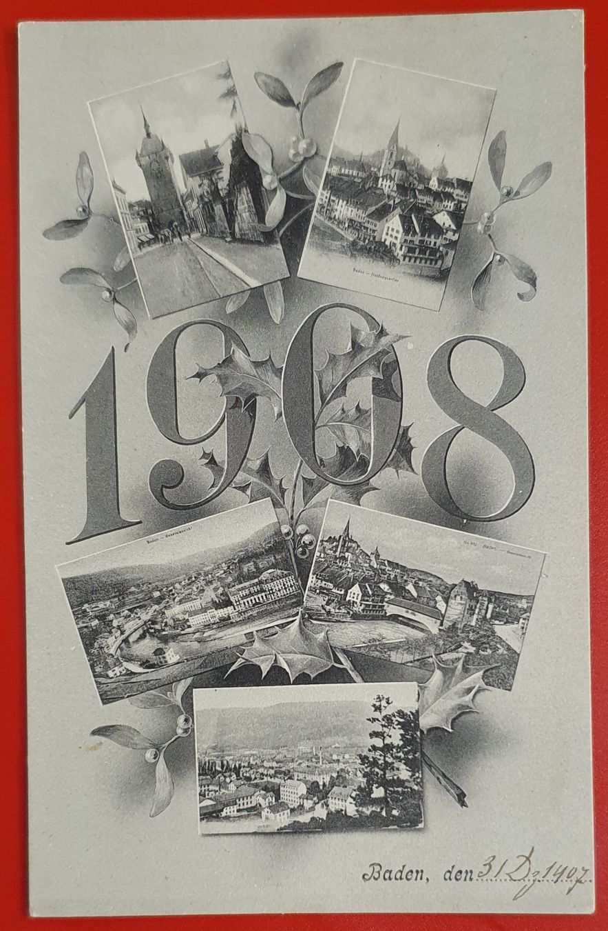 Cartoline postali: Neujahrskarte von 1908 aus Baden – Usato da Kreuzlingen venduto da Rschweiz1