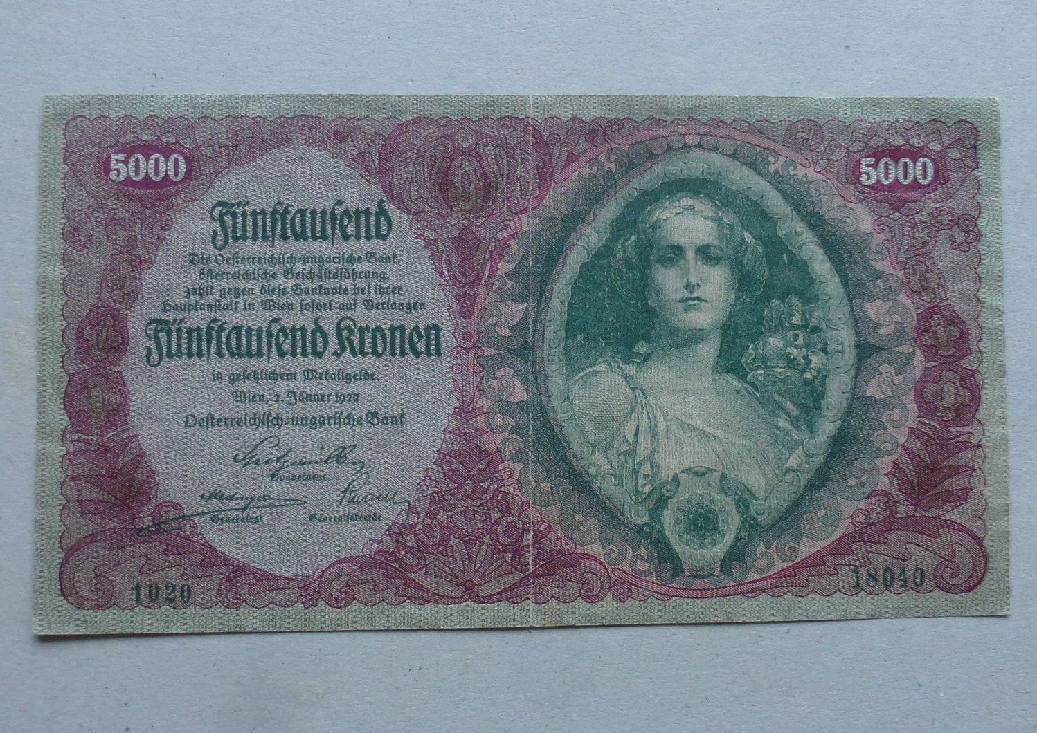 Banknoten: Österreich ++ 5000 Kronen 1922 – Gebraucht aus Walkringen von Casablanca777